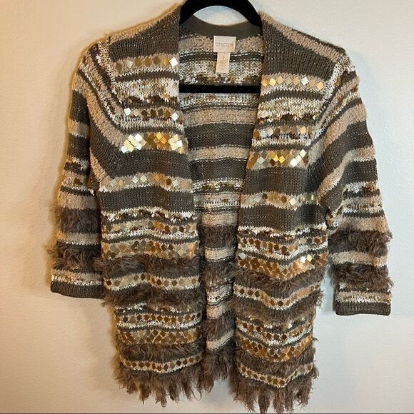Chico's Sweaters - Chico’s cardigan sweater Sz 1 Med 8 Tan faux fur Sequins Stripe 3/4 sleeve Open